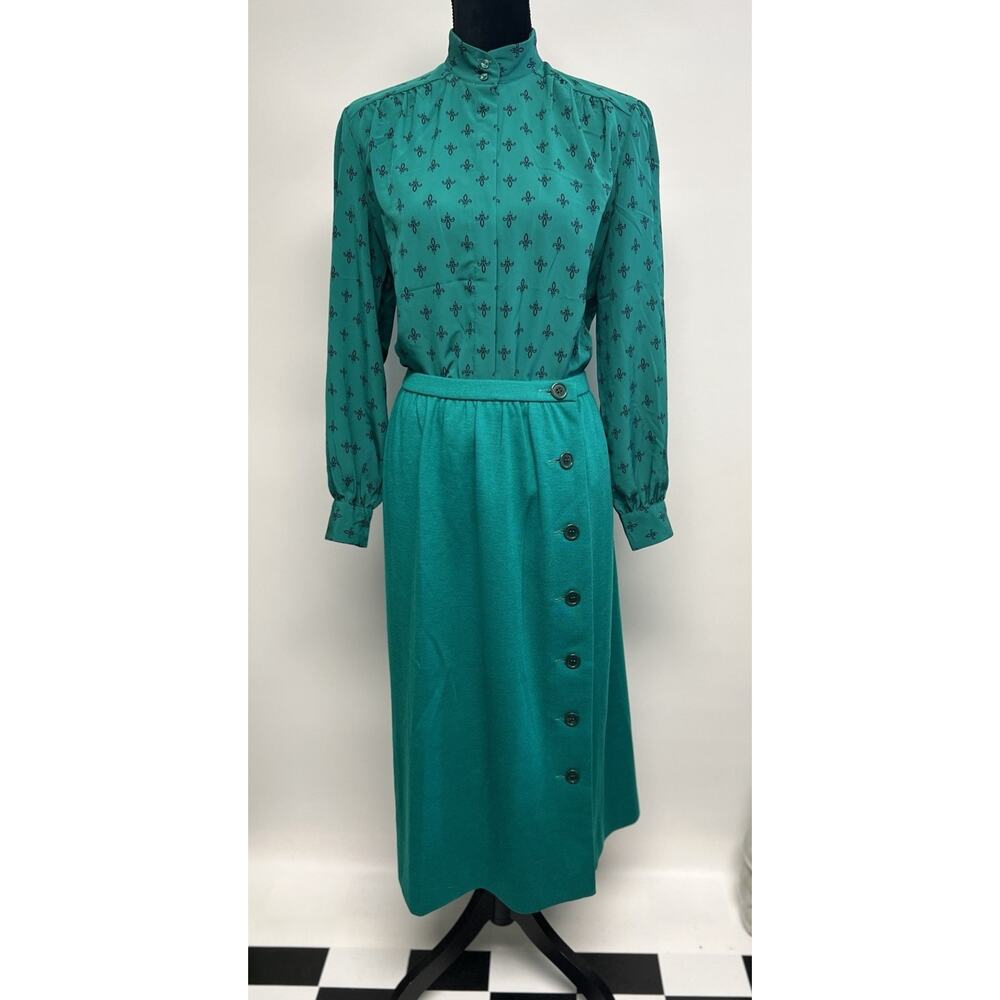 Vintage Bleyle 100% Soft Virgin Wool Skirt Sz 10 Teal Midi‎ Academia Side Button